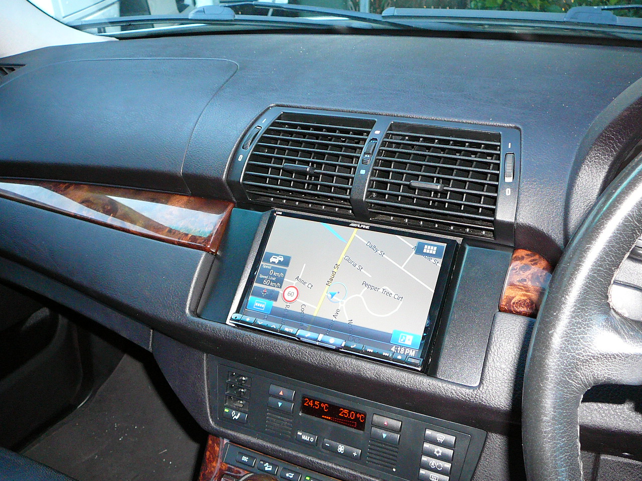 BMW X5, Alpine 8 inch GPS Navigation Unit – Custom Dash Kit & Steering Wheel Control Interface.